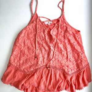COCO & JAIMESON PEACH LACE SLEEVELESS SPAGHETTI STRAPS TOP LARGE RUFFLED